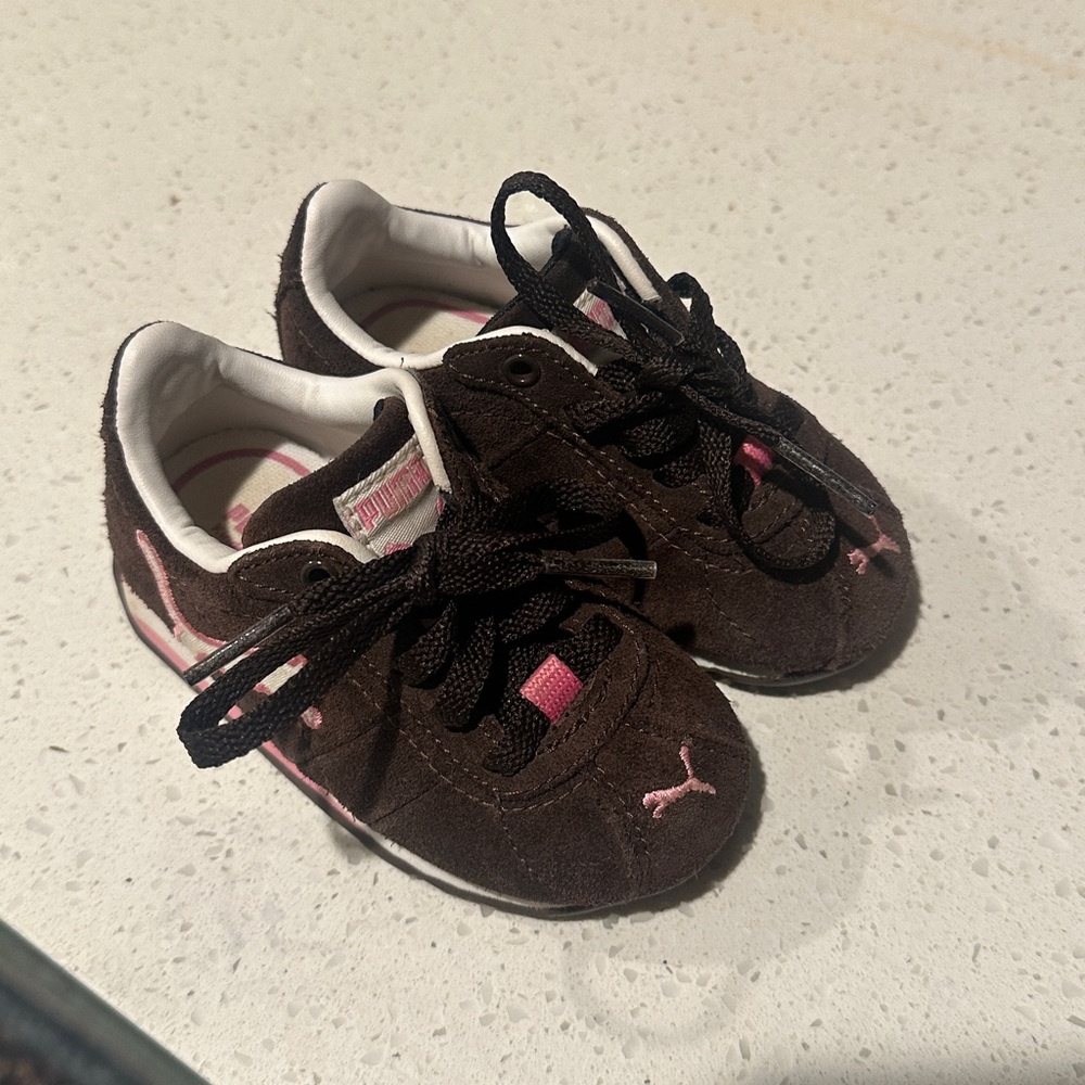 Puma Kids Brown Suede Sneakers with Pink by Accents